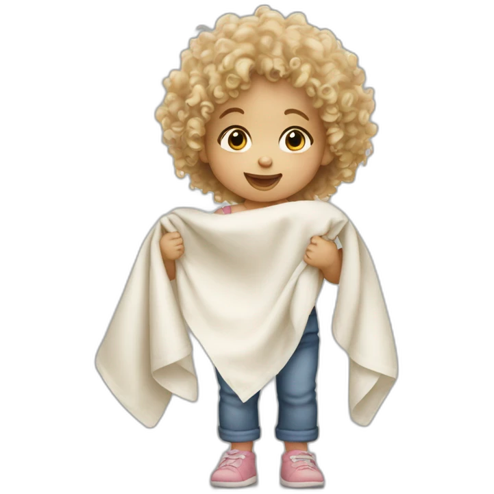 Curly haired blonde toddler holding muslin cloth for comfort emoji