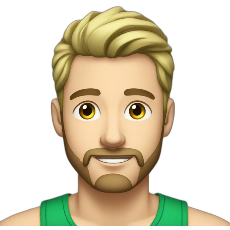 Handsome 34 year old man with dirty blonde hair and kind ocean blue eyes and a short cropped beard wearing a green tank top shirt with broad shoulders listening to music on earbuds emoji