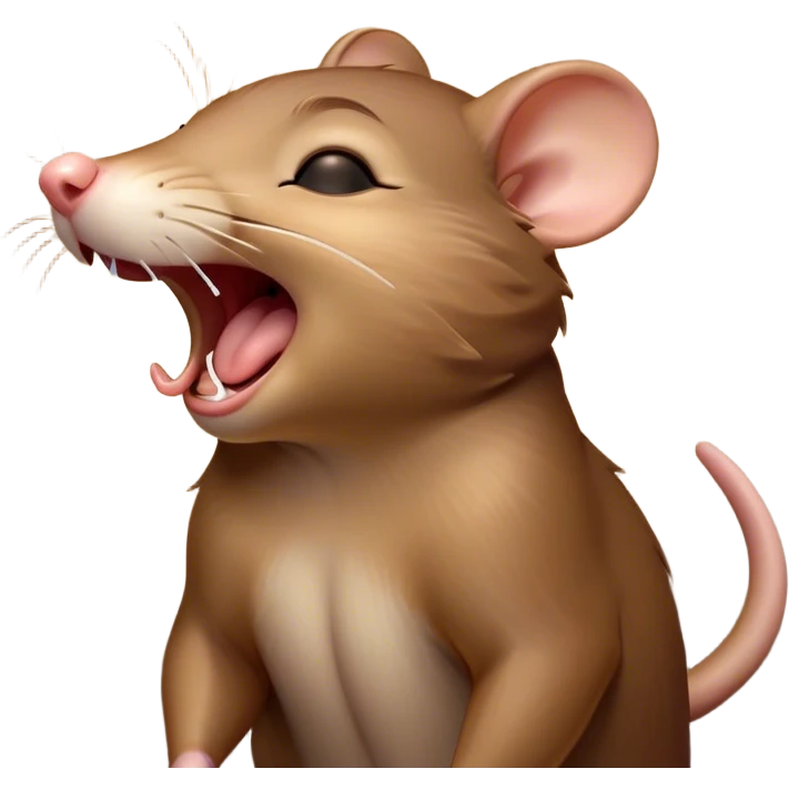 Cinematic Cute Yawning Brown Rat Portrait Emoji, Head tilted slightly with a dramatic, wide-open yawn, showcasing a soft, sleek brown coat with tiny drooping ears and half-closed eyes in drowsy contentment, Simplified yet irresistibly adorable features, highly detailed, glowing with a soft, cozy glow, high shine, relaxed yet expressive, stylized with a dash of urban charm, soft glowing outline, capturing the essence of a sleepy yet affectionate rat that seems ready to stretch out for a nap! emoji