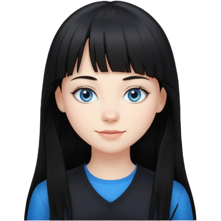 20 yr old woman long straight black hair, pale skin, blue eyes, black clothes, small smile, bangs emoji