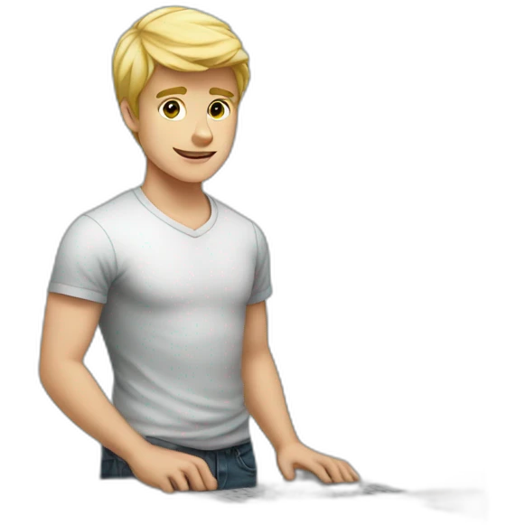 young blonde man on standing desk emoji