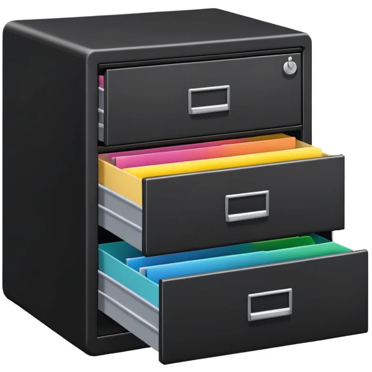 black filing cabinet with open bottom drawer with colorful folders emoji