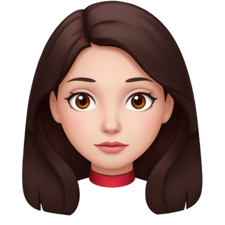 An emoji featuring a woman with dark brown long hair, brown eyes, light pinkish skin, red cheeks emoji