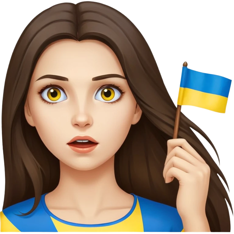 Brunette woman with long hair, Ukrainian flag (blue and yellow) painted on her cheek, surprised expression emoji