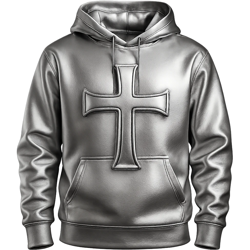 white hoodie with a bold chrome cross, 3D chrome style, highly reflective, simple background emoji