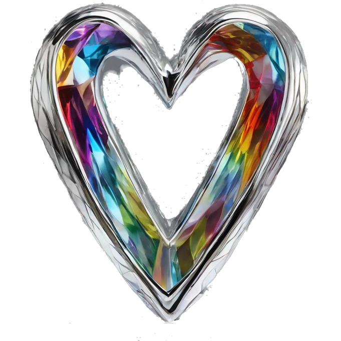 symbolic symmetric heart chrome sculpture symbolizing chromatic light with a geometric, faceted design. The heart is standing upright with angular and baroque features. The vibrant rainbow of colors highlights the sharp edges and planes.  emoji