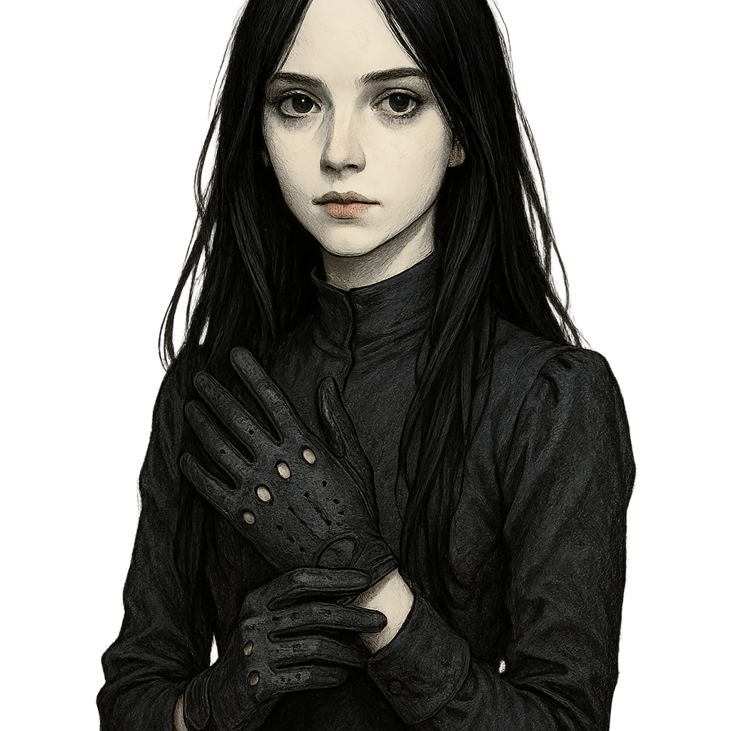 pale girl with long black hair wearing driving gloves, detailed character portrait emoji