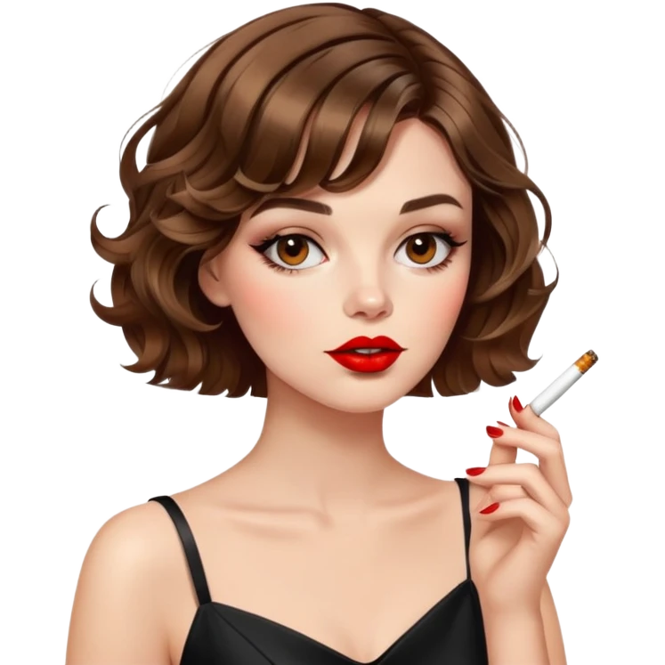 Alluring French girl french shiny brown wavy textured bob haircut tousled hair red lips smoking cigarette emoji
