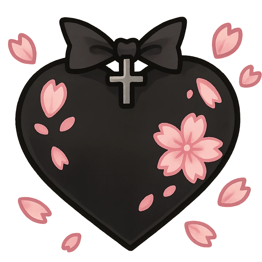 goth sakura heart, black heart with pink cherry blossom petals, cute and dramatic emoji