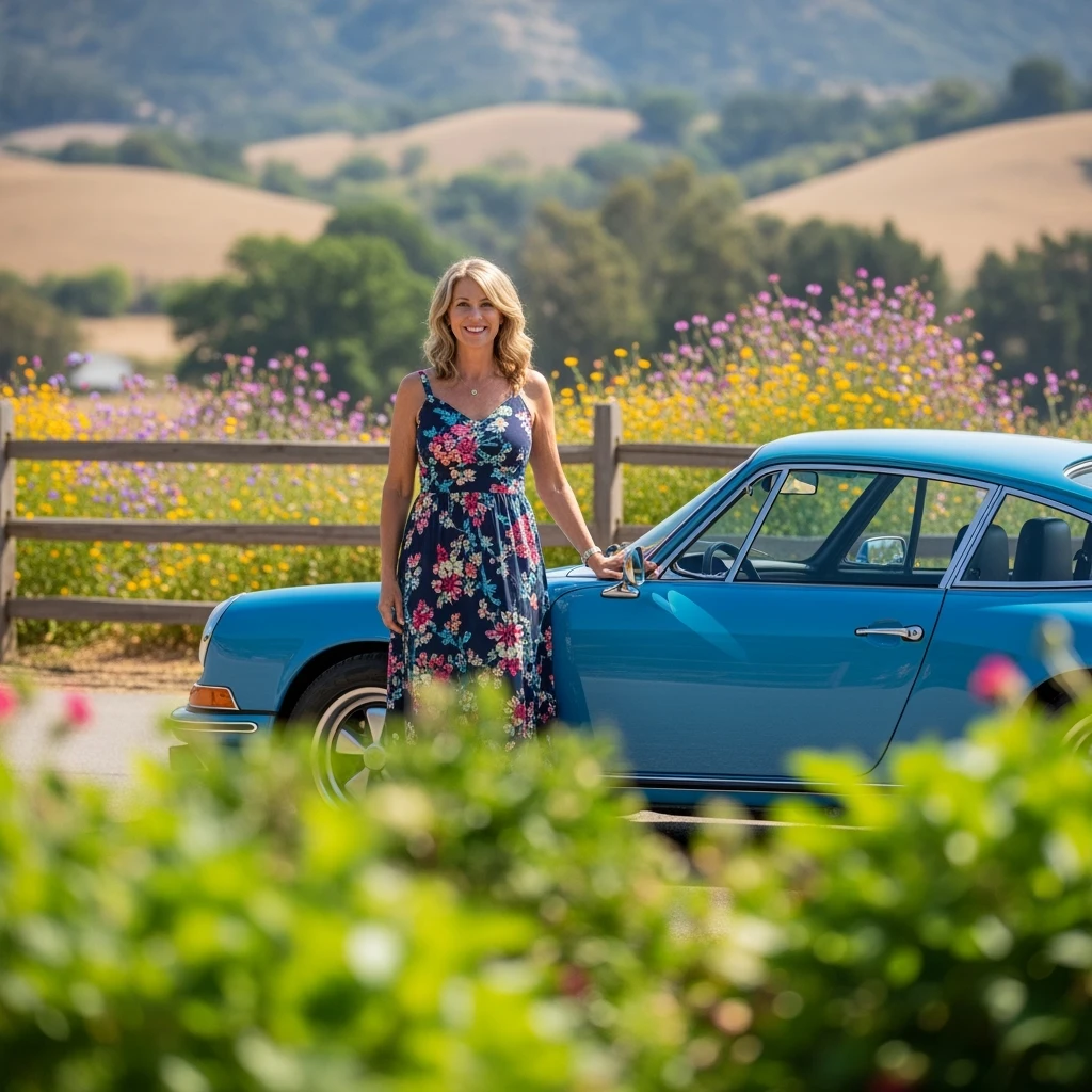 A portrait of a white person next to porsche 911 in the foreground, blurred plants in the foreground, a wooden fence and colorfull flowers in the midground, rolling hills in the background, cinematic depth of field, layered composition, natural lighting emoji