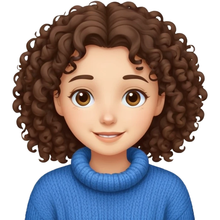 Curly brunette girl wearing cozy blue sweater, happy expression   emoji