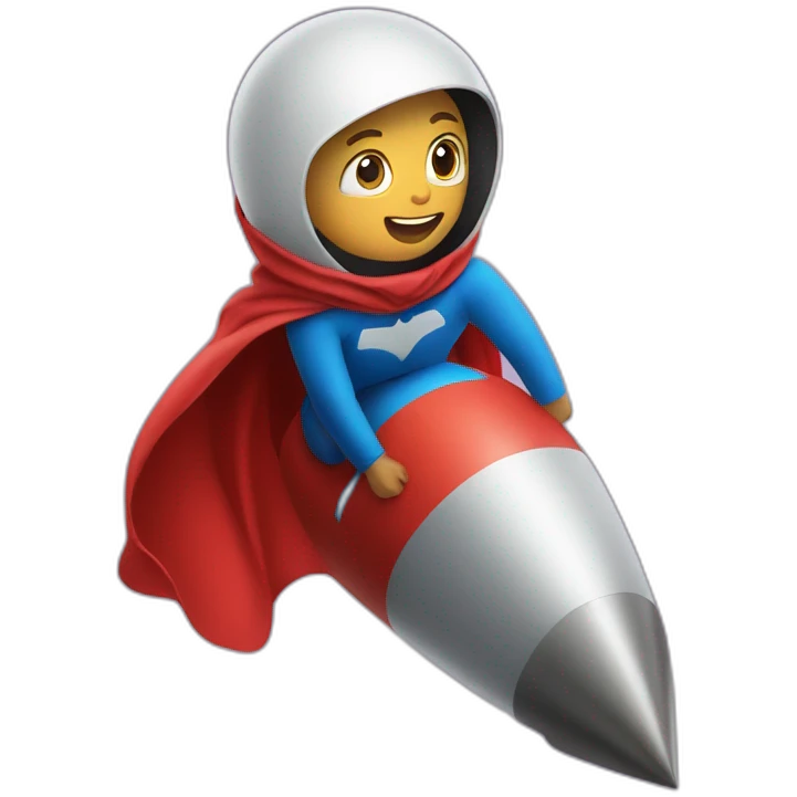 person dressed with a superhero cape but without mask is riding on a rocket emoji