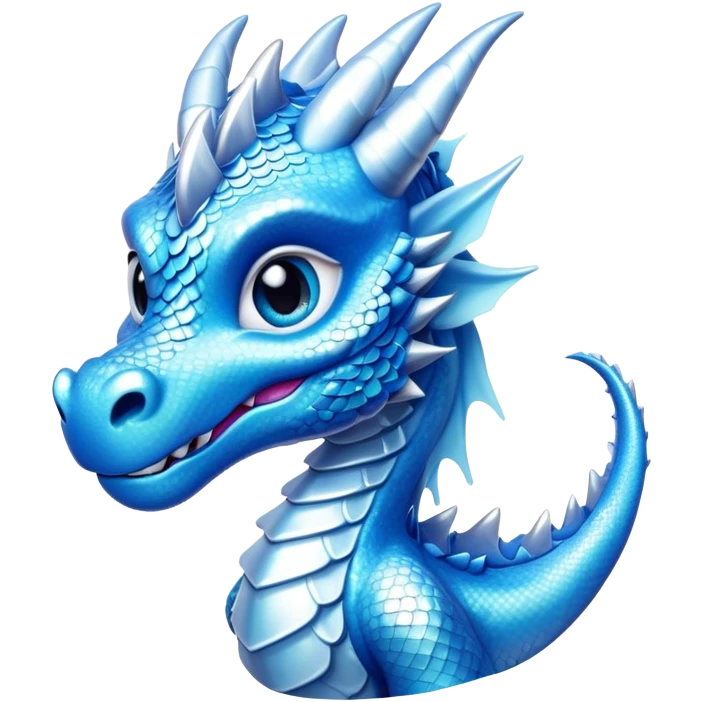Cinematic Cute Beautiful Ice Dragon Portrait Emoji, Head tilted playfully and inquisitively, featuring a sleek, glacial form with intricately detailed, frost-kissed scales in shimmering blues and sparkling silver, accented by delicate ice crystal patterns and a gentle, enchanting glow; rendered with lifelike clarity and soft, natural light, high shine, charming and cool, styled with a touch of wintry fantasy, soft glowing outline, capturing the essence of a mischievous yet endearing ice guardian poised to twirl playfully into your dreams! emoji