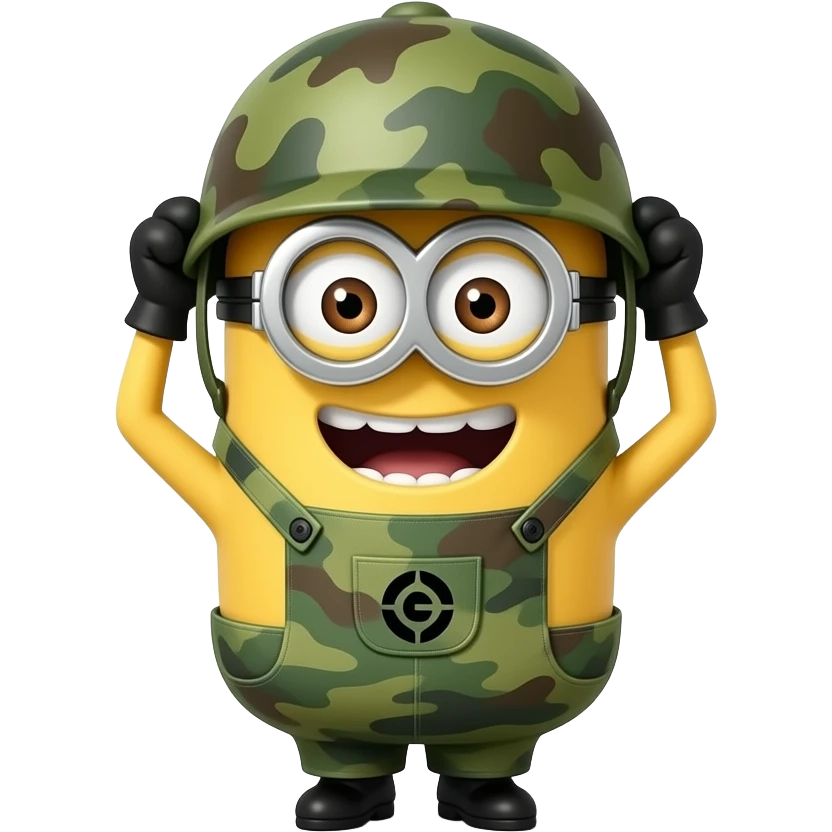 Minion in army uniform  aOT on helmet giggling with hands to mouth text above Khi Khi Khi emoji
