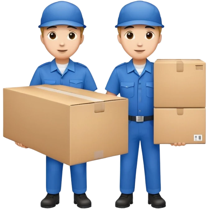 two workers in blue uniforms and hat caps carrying a large box emoji