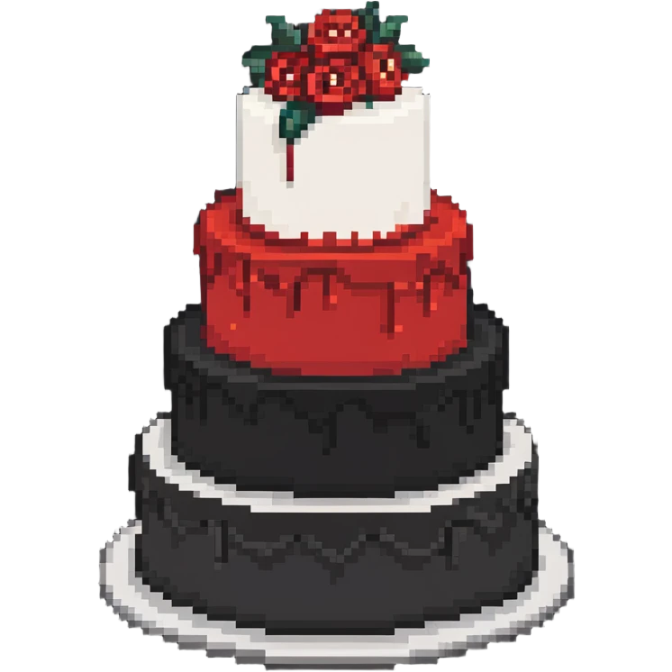 Red wedding cake with white frosting details and small roses emoji