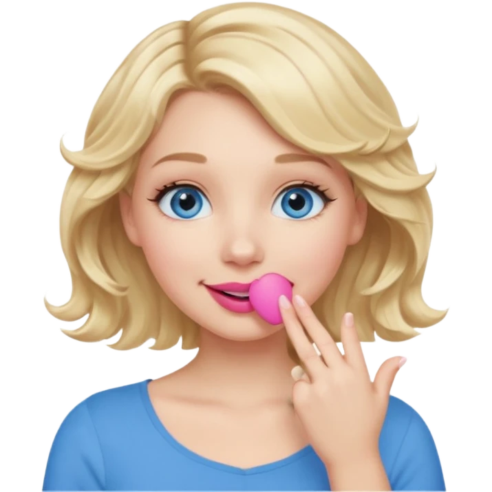 Girl Blonde short wavy hair,  blue eyes, cute blue top, long lashes, pink lips, smiling, hand over the mouth emoji