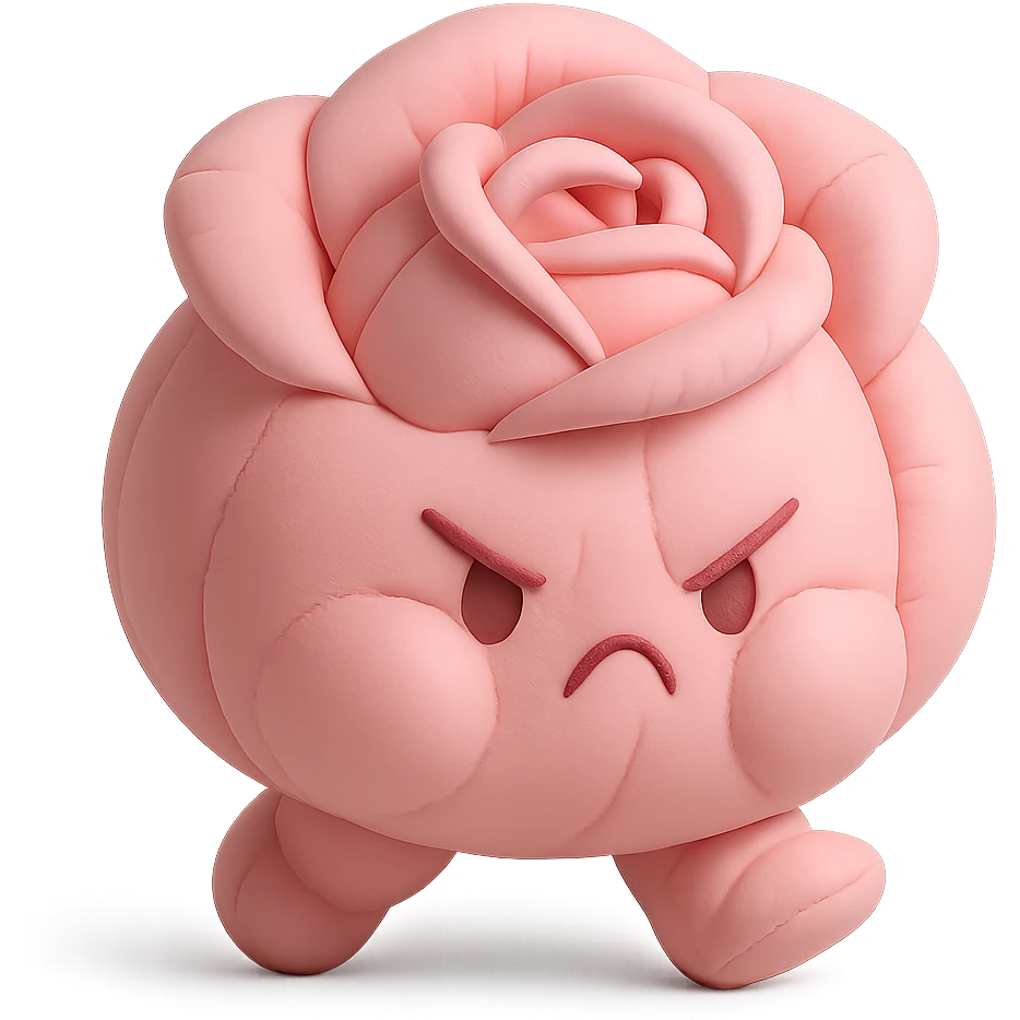 soft pink rose flower with puffed cheeks and an angry pouty face, stomping adorably, pastel tones, chibi round shape, cushion style emoji
