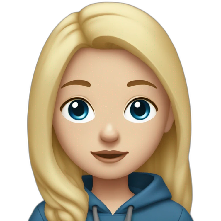 A blonde girl  with blues eyes, with smooth hair and a ray,she has light skin a few freckles, and she wear a hoodies and she Carries in his arms a black baby labrador dog  emoji