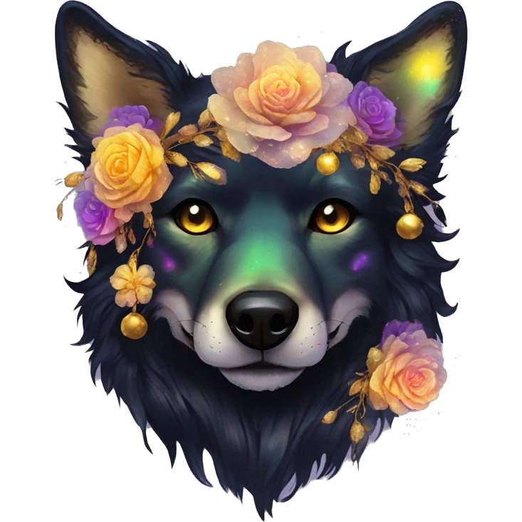 Black iridescent fluffy dog fox head zombie skull skeleton gold mechanical nebula galaxy stars colorful flowers fairy lights vintage emoji