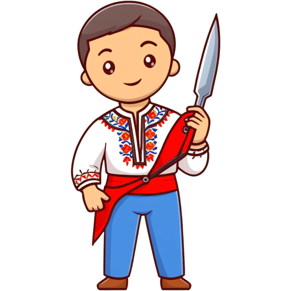 Ukrainian man in traditional embroidered vyshyvanka shirt holding red scissors in one hand and a spanner in the other hand emoji