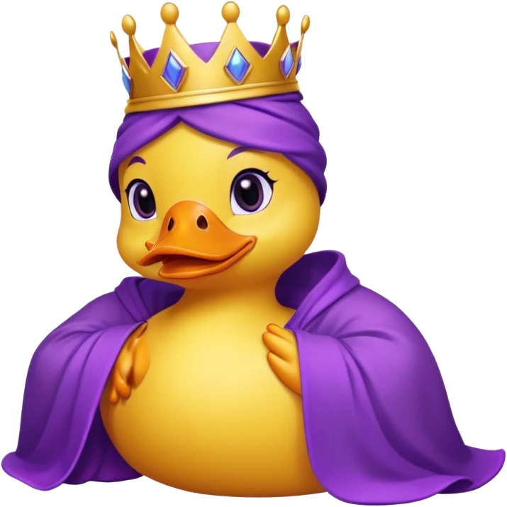 Duck with purple crown and purple beak and purple robe and eyelashes and he’s yellow bath duck  emoji