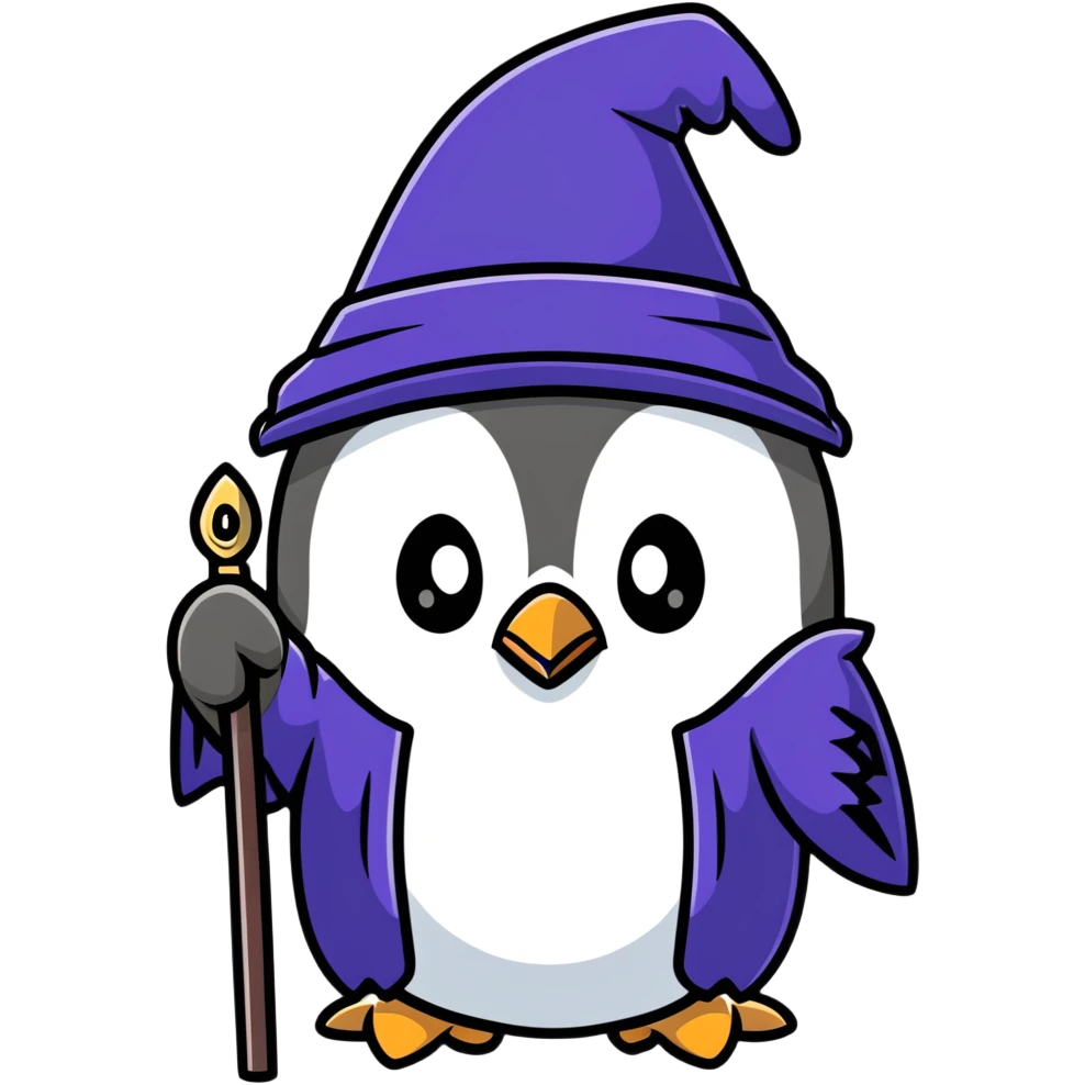 penguin with wizard hat and robe, holding a magic staff, magical emoji