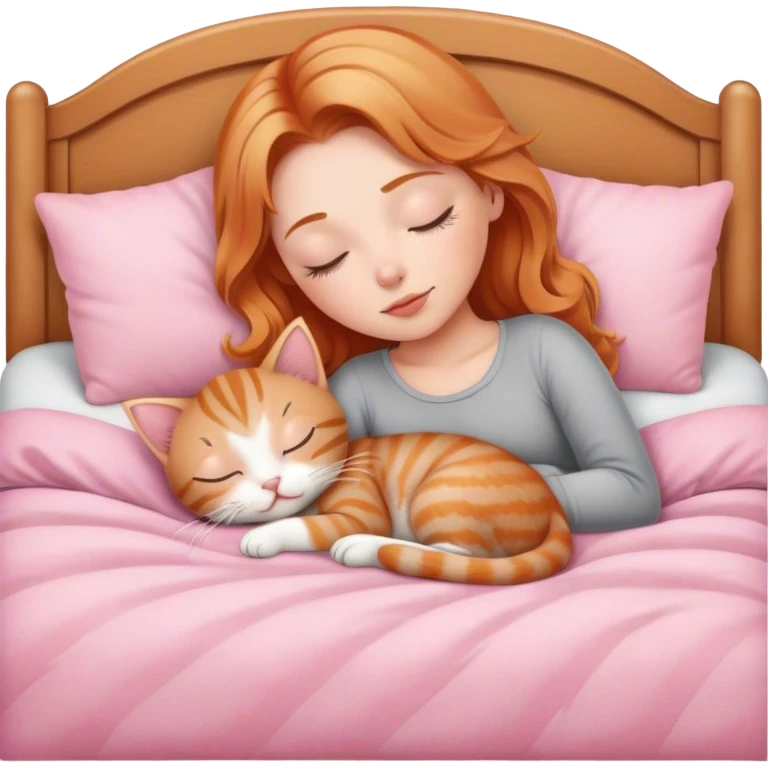 strawberry blonde girl asleep with gray tabby kitten in pink bed emoji