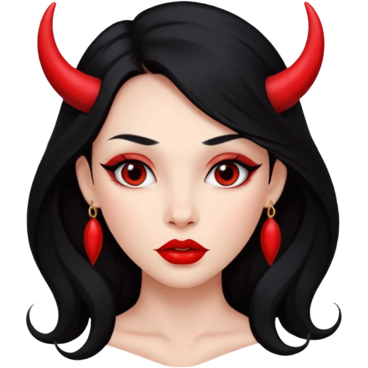 A girl's face with cheekbones, red skin, long black hair, small red horns, big lips emoji