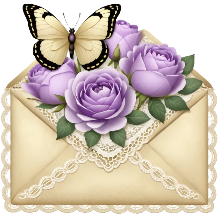 A delicate still life of an aged love letter sealed with golden wax, placed on a vintage lace doily, accompanied by a bouquet of pale purle roses and white peonies, with a shimmering pearl butterfly resting on the envelope. emoji