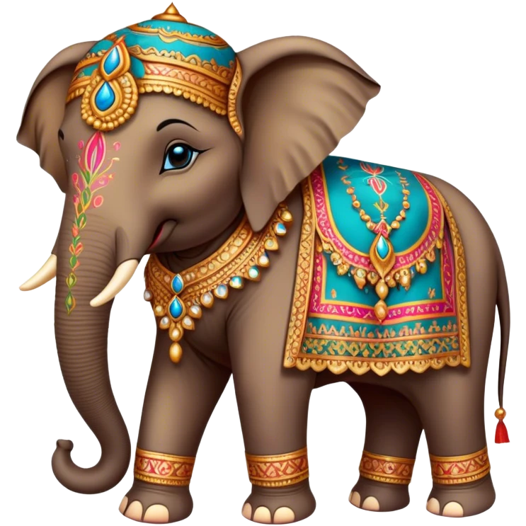Decorated Indian elephant – Cinematic Realistic Decorated Indian Elephant, depicted as a majestic elephant adorned with vibrant, ornate ceremonial decorations and rich, colorful fabrics, set against a festive Indian backdrop with warm golden lighting that highlights its cultural significance. emoji