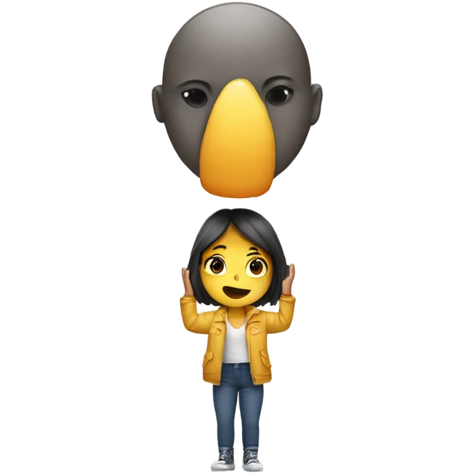 Girl with a massive head being held up by a crane emoji