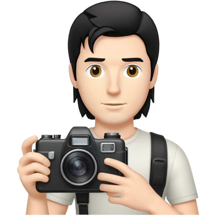 a white man with black mullet hair holding a foto camera emoji