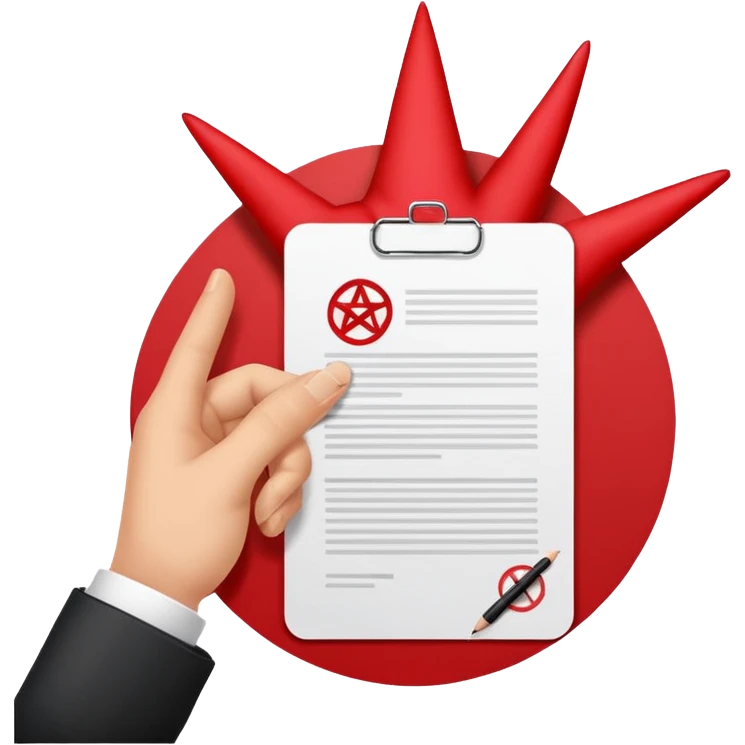 Minimalist emoji-style sticker of a hand signing a contract that says “YOUR SOUL” in bold letters, red ink, pentagram seal emoji