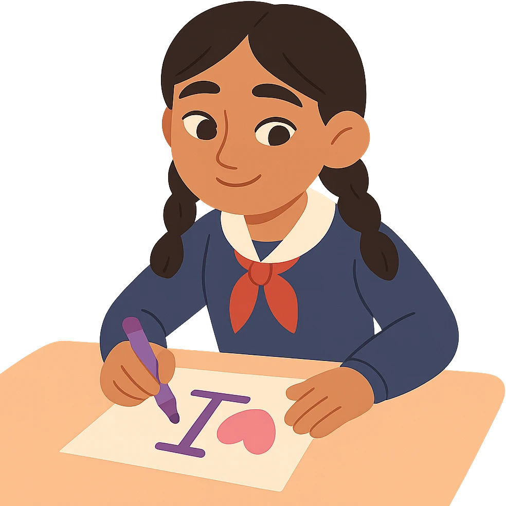 Kazakh girl in Korean school uniform, drawing a T with a heart on paper in pastel toon style emoji