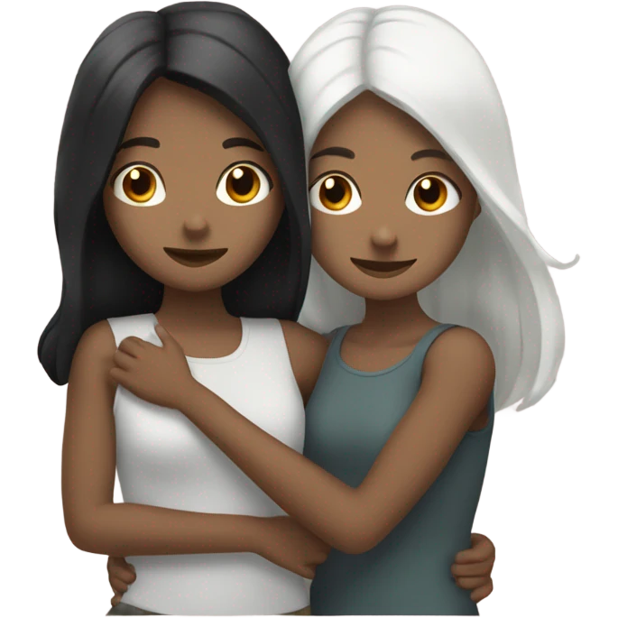 2 girls hugging each other one who is pale with black straight hair and one who is white with brown wavy hair emoji