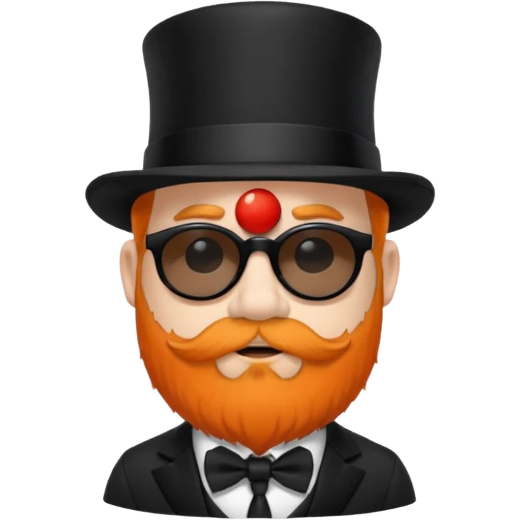 dwarf with a beard, a hairy body black sunglasses and a black top hat on his head. He also has a black tie on his chest. His nose is orange and his skin is pale white. emoji