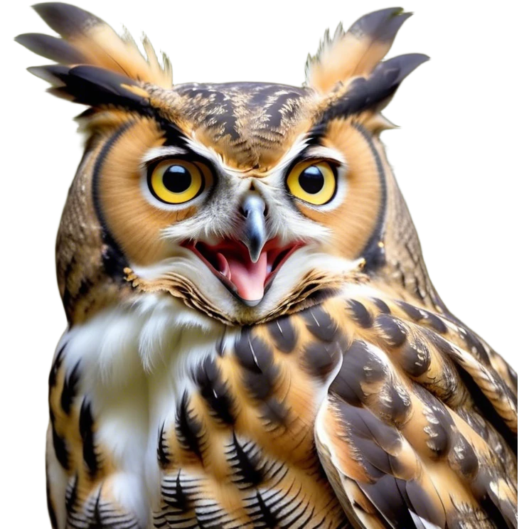 Cinematic Cute Yawning Great Horned Owl Portrait Emoji, Head tilted slightly with a dramatic, wide-open yawn, showcasing a soft, downy mottled plumage with gently drooping feathers, round golden eyes barely open in drowsy contentment, Simplified yet irresistibly adorable features, highly detailed, glowing with a soft, cozy glow, high shine, relaxed yet expressive, stylized with a touch of nocturnal whimsy, bright and endearing, soft glowing outline, capturing the essence of a sleepy yet affectionate owl, so drowsy it feels like it could glide out of the screen and curl up for a nap! emoji