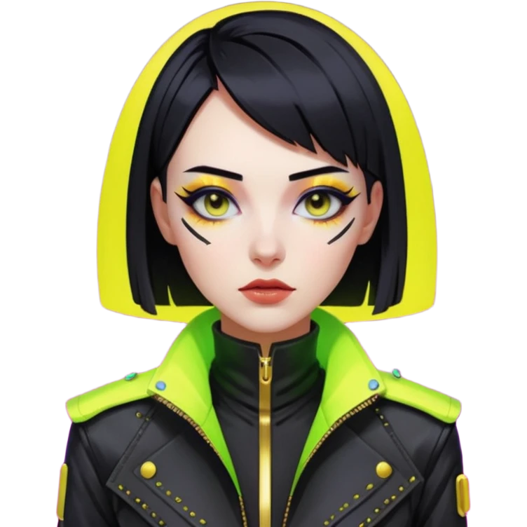 Cyberpunk woman, sleek black bob, gold neck cyberware, sharp eyeliner, high-collar designer jacket, neon lighting emoji