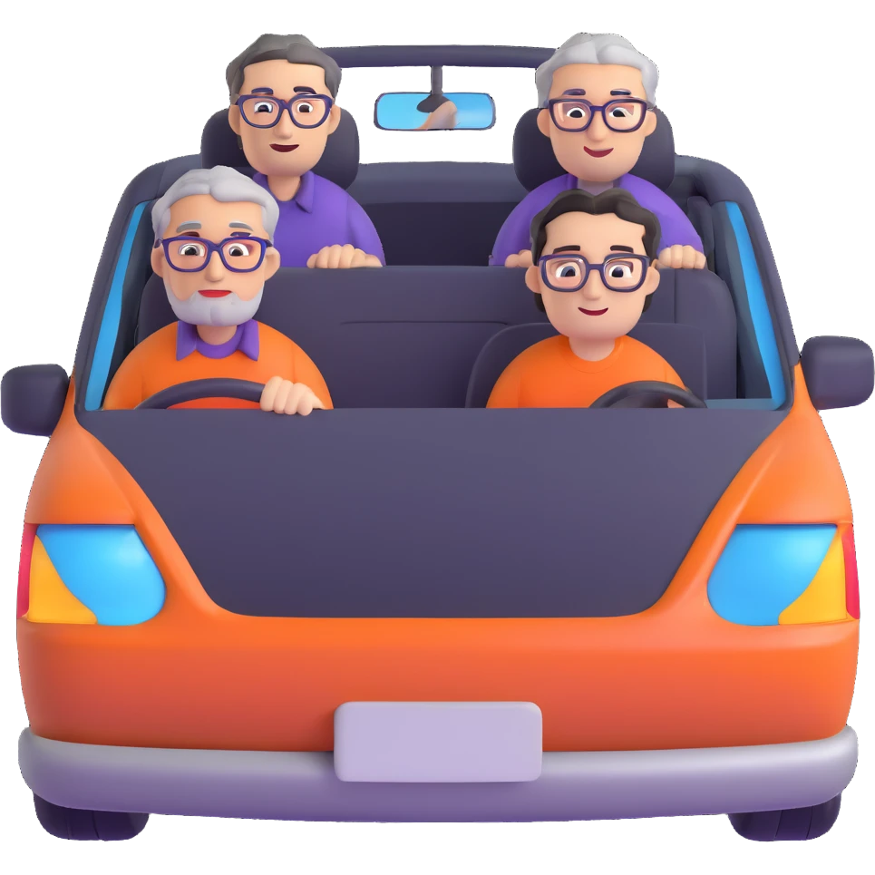 orange car front view with three people inside: driver man with purple shirt, stubble, round face; front seat man with gray hair, glasses, checkered shirt, round face; back seat man with black hair, glasses, black t-shirt, sharp face emoji
