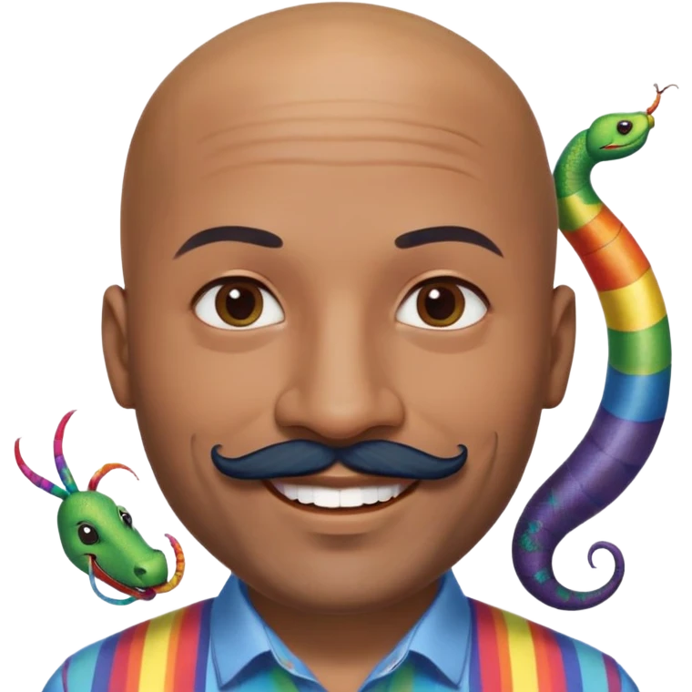 Oxumarê as a very happy and spontaneous smiling 37-year-old bald man with very dark skin, smooth oval head, indigenous facial features, mustache with circular beard only on chin, a round mole on the right side below the lip, wearing a blue striped dress shirt, with rainbow serpent, Memoji style emoji