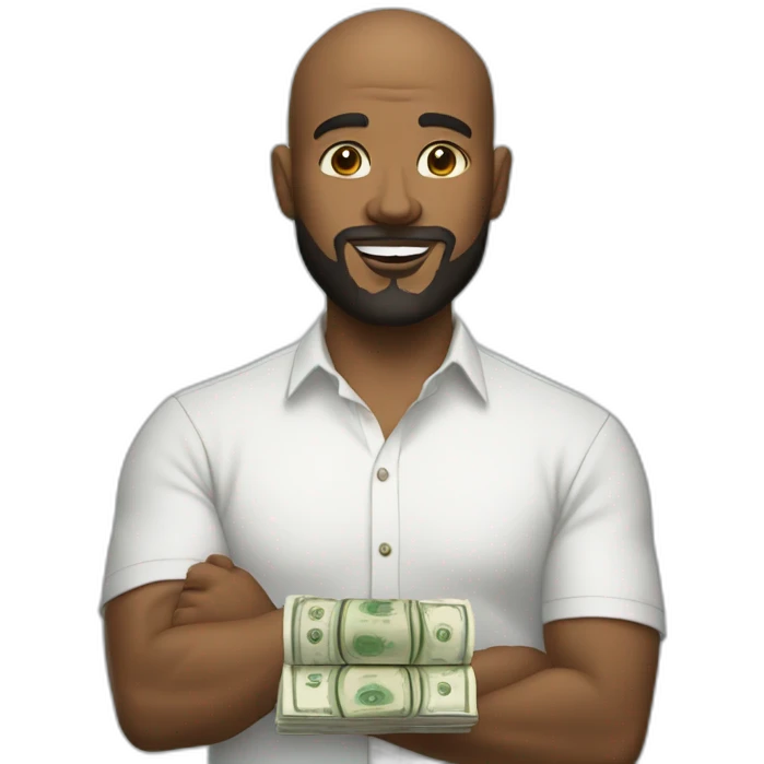 white male with small beard and almost bald holding stacks of money smart casual shirt emoji