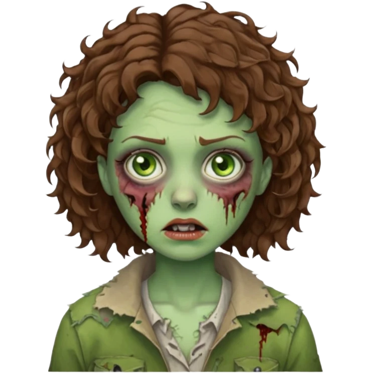 uma zumbi (mulher) com cabelos cacheados castanhos curtos e olhos verdes emoji