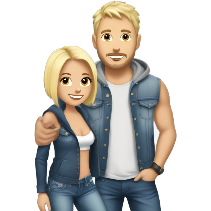 A blonde girl with short hair and a tank top and short jeans holding hands with a handsome tall blonde man with a Jason Alden hoodie on  emoji
