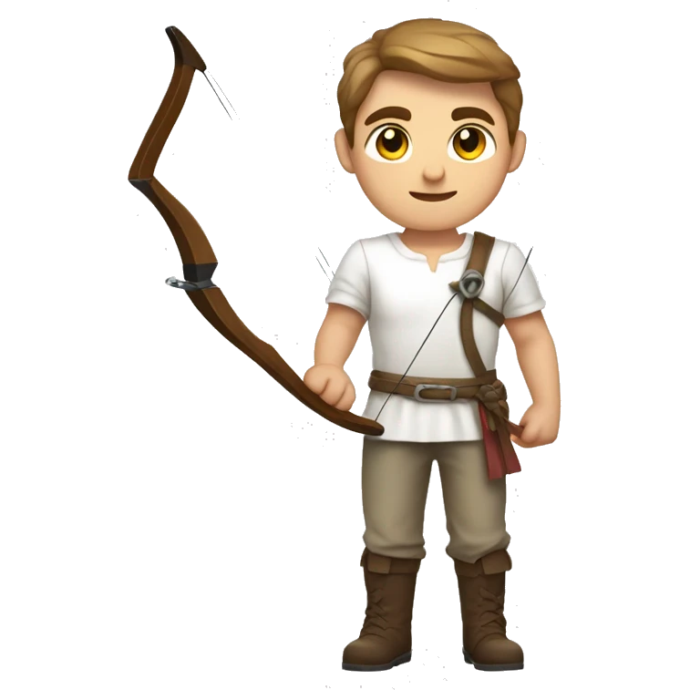 a male archer with a bow, wearing a white shirt, very short brown hair, bright skin, only show upper part of the body from waist up emoji