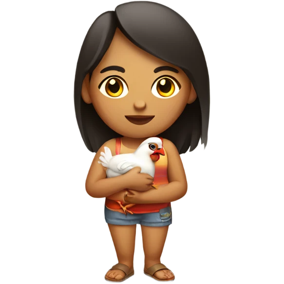 Peruvian female in shorts holding a chicken emoji