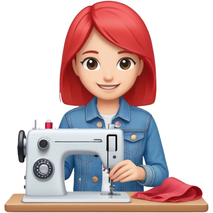Smiling girl in denim jacket with sewing machine. emoji
