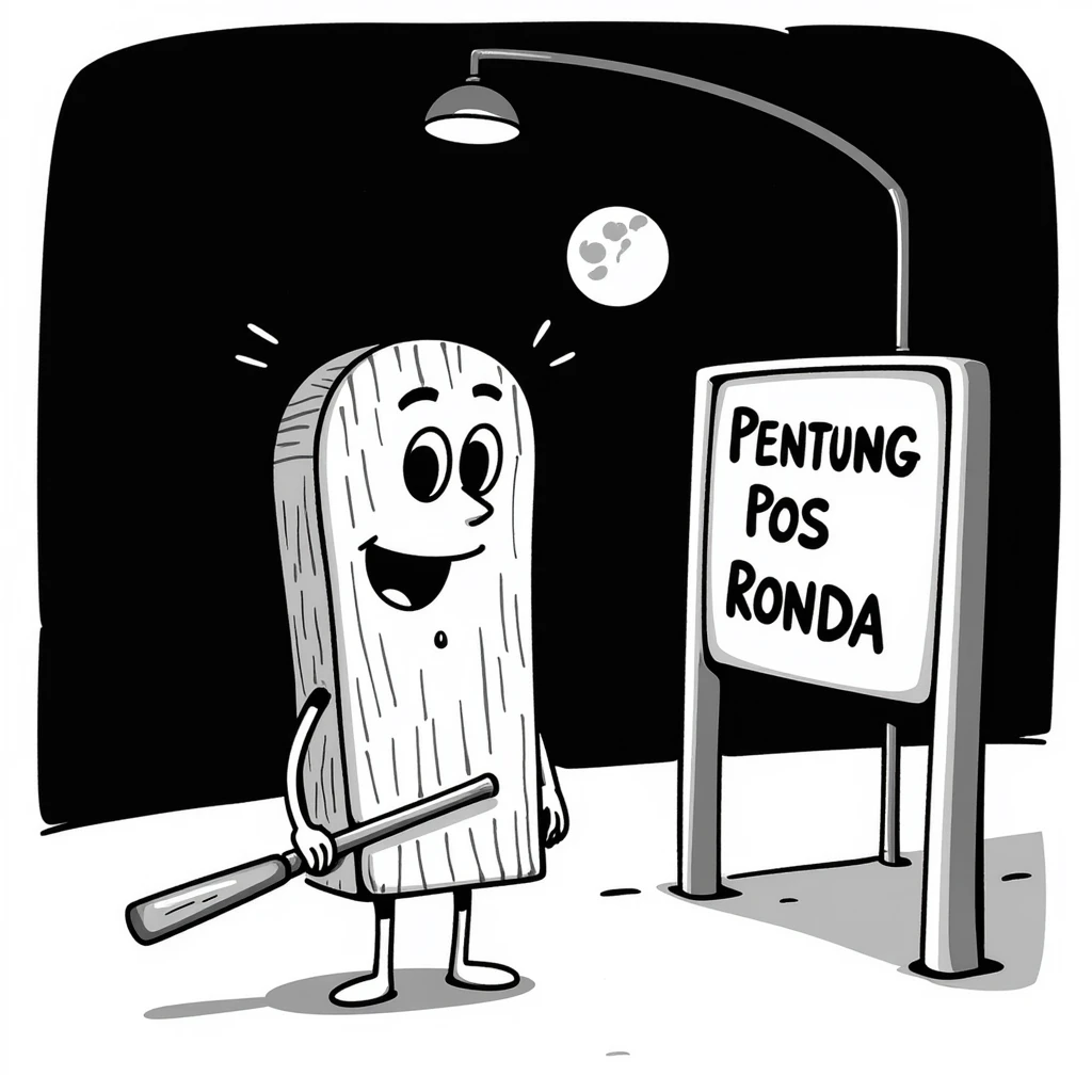 a humanoid wooden club with big cartoon eyes and a wide smile, barefoot, standing at a dark street bus stop under a dim streetlight, holding a bat, with a background sign reading 'Pentung Pos Ronda' emoji