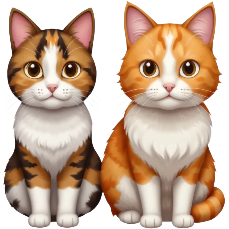 3 different coloured small cats including a dark brown tabby and white, and a patchy calico, and a ginger and white emoji