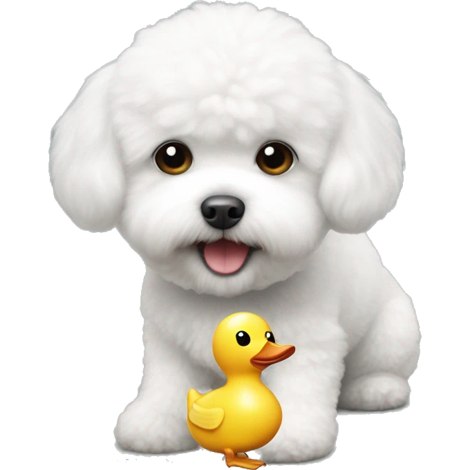 White little Bichon Frize with toy duck  emoji